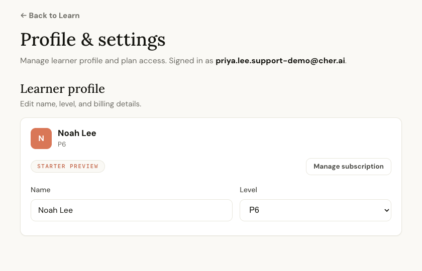 Profile and settings page showing a learner on Starter Preview with a Manage subscription button