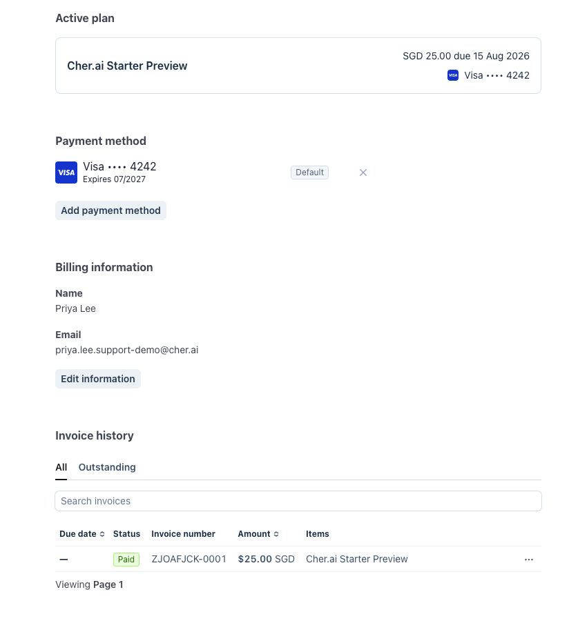 Stripe customer portal showing an active paid Cher.ai Starter Preview plan card