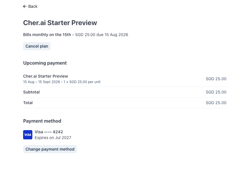 Stripe paid plan details page showing the Cancel plan button
