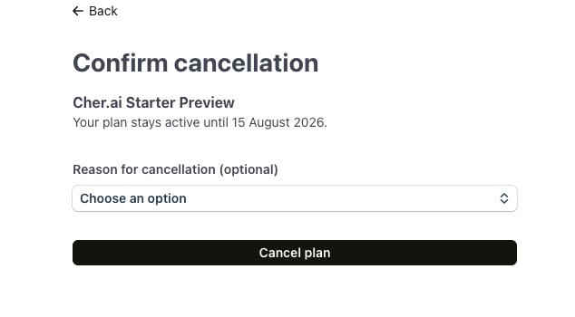 Stripe confirmation page for cancelling a paid plan