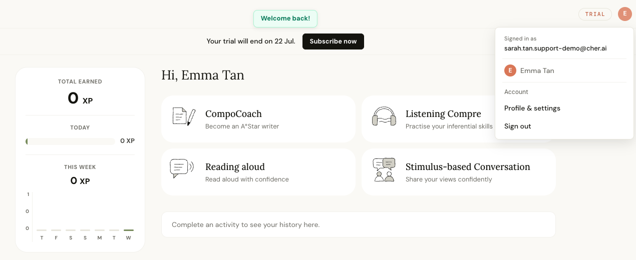 cher.ai Learn page with the profile menu open and Profile & settings visible