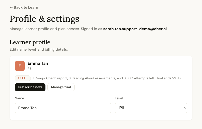 Profile and settings page showing the learner profile and the Manage trial button