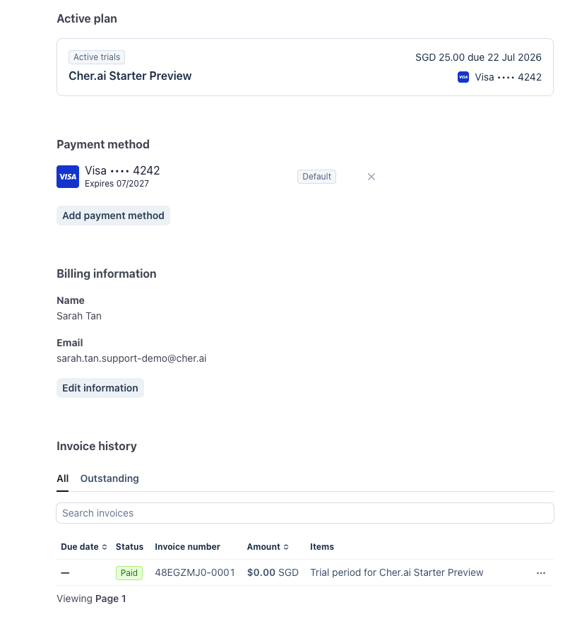 Stripe customer portal showing the active Cher.ai Starter Preview plan card