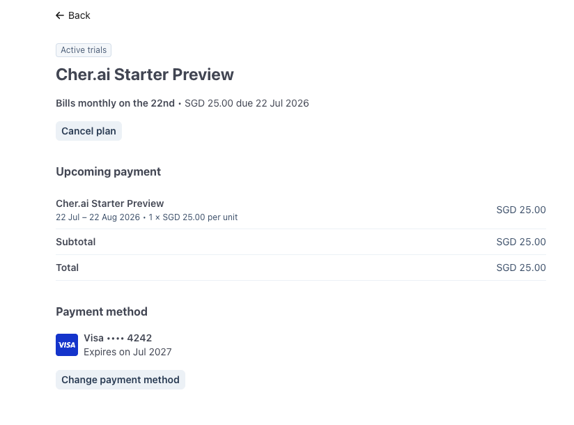Stripe plan details page showing the Cancel plan button