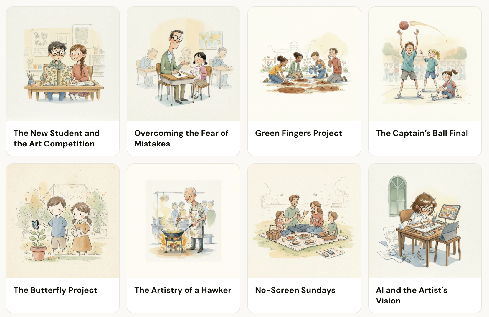 Listening comprehension exercise library showing illustrated exercise cards