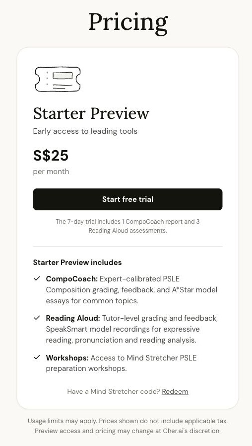 Cher.ai pricing page showing the Redeem link for parents with a Mind Stretcher code