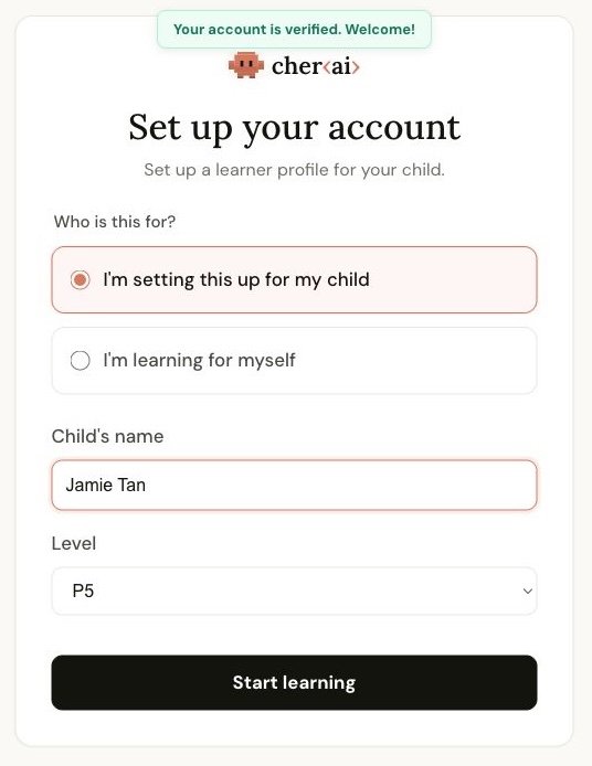 Cher.ai child learner profile setup form filled with a child's name and level