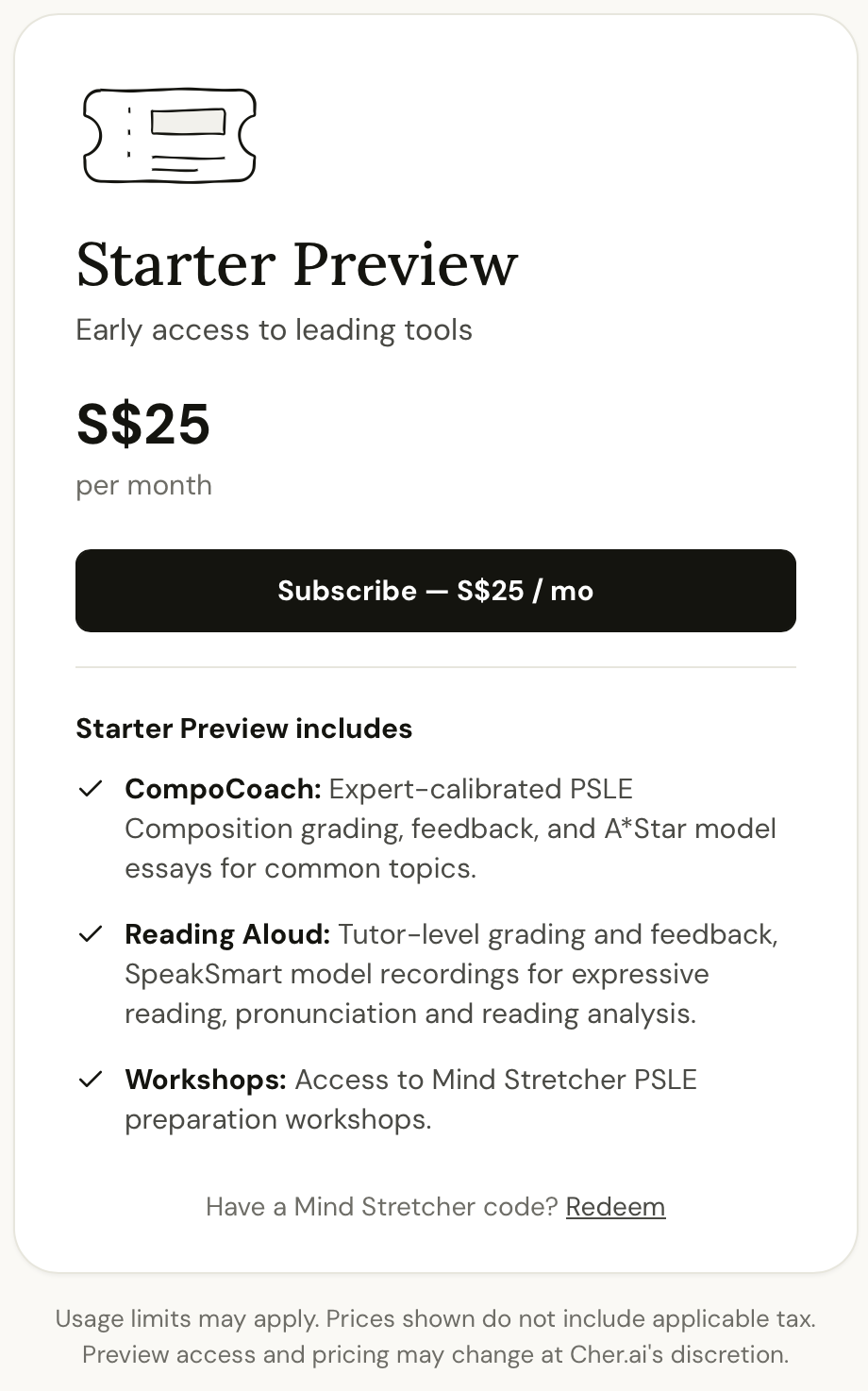 Cher.ai pricing page Starter Preview card with a Redeem link at the bottom