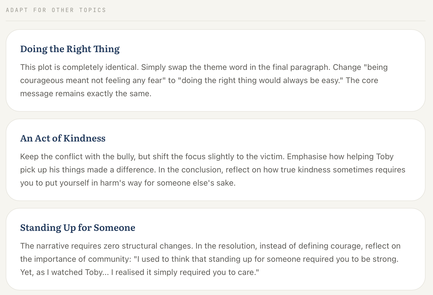 An 'Adapt for other topics' panel showing how the same model plot can be repurposed for Doing the Right Thing, An Act of Kindness, and Standing Up for Someone, each with a short adaptation note.