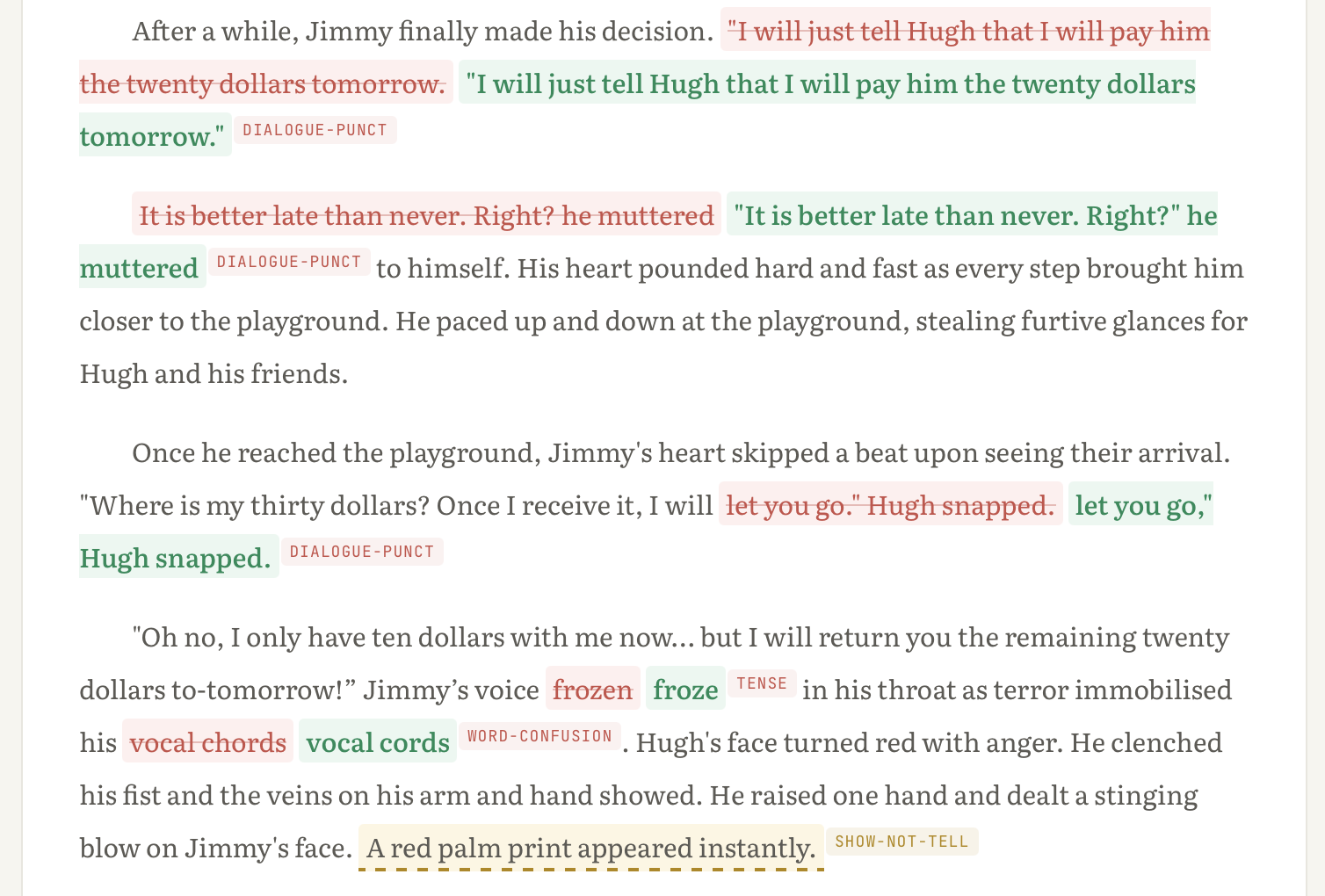 Annotated student composition with inline error tags such as DIALOGUE-PUNCT, WORD-CONFUSION and SHOW-NOT-TELL highlighted directly within the paragraphs.