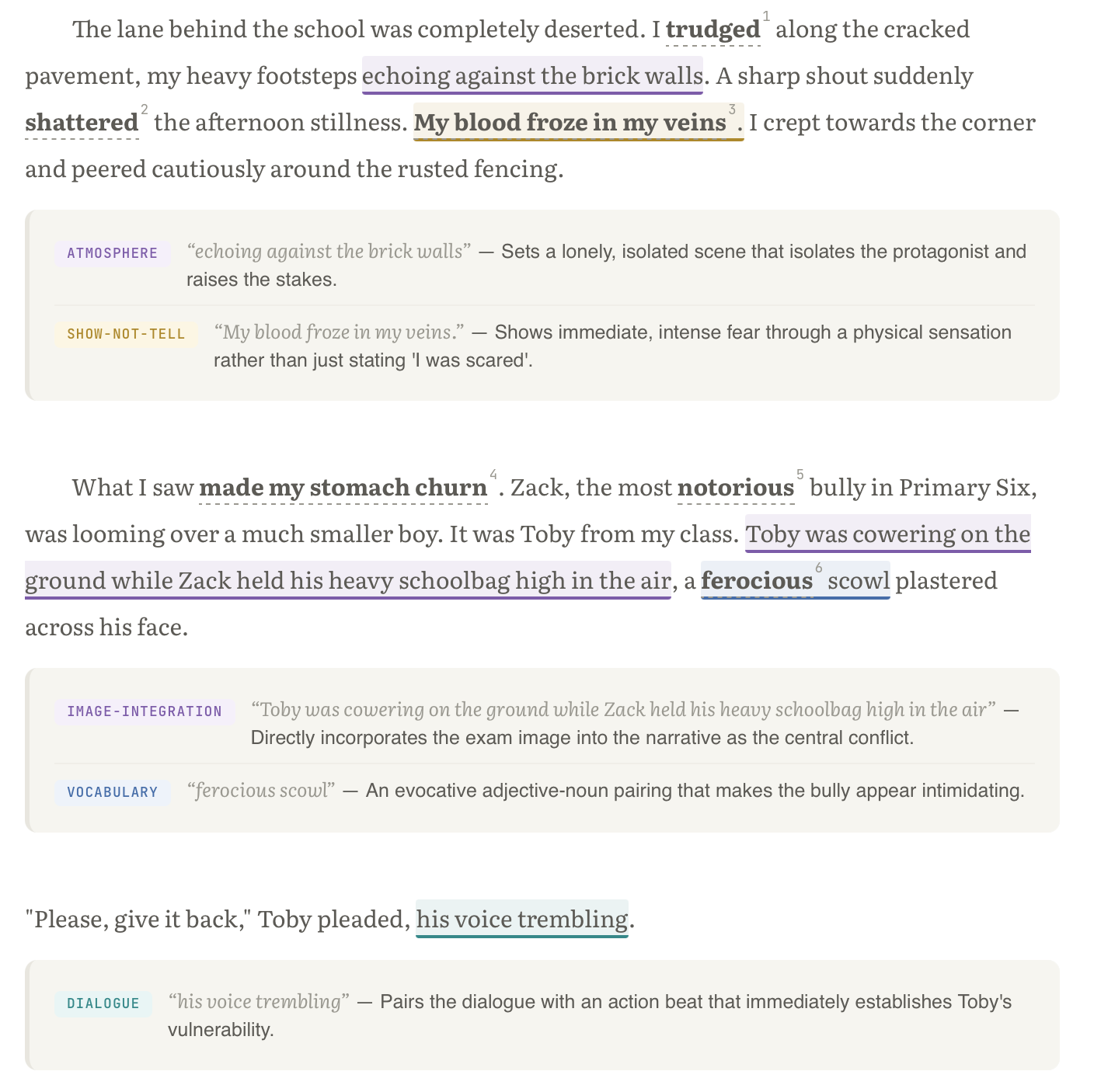 Annotated A*Star model composition with technique cards beneath each paragraph: ATMOSPHERE, SHOW-NOT-TELL, IMAGE-INTEGRATION, VOCABULARY and DIALOGUE, each quoting the relevant sentence.