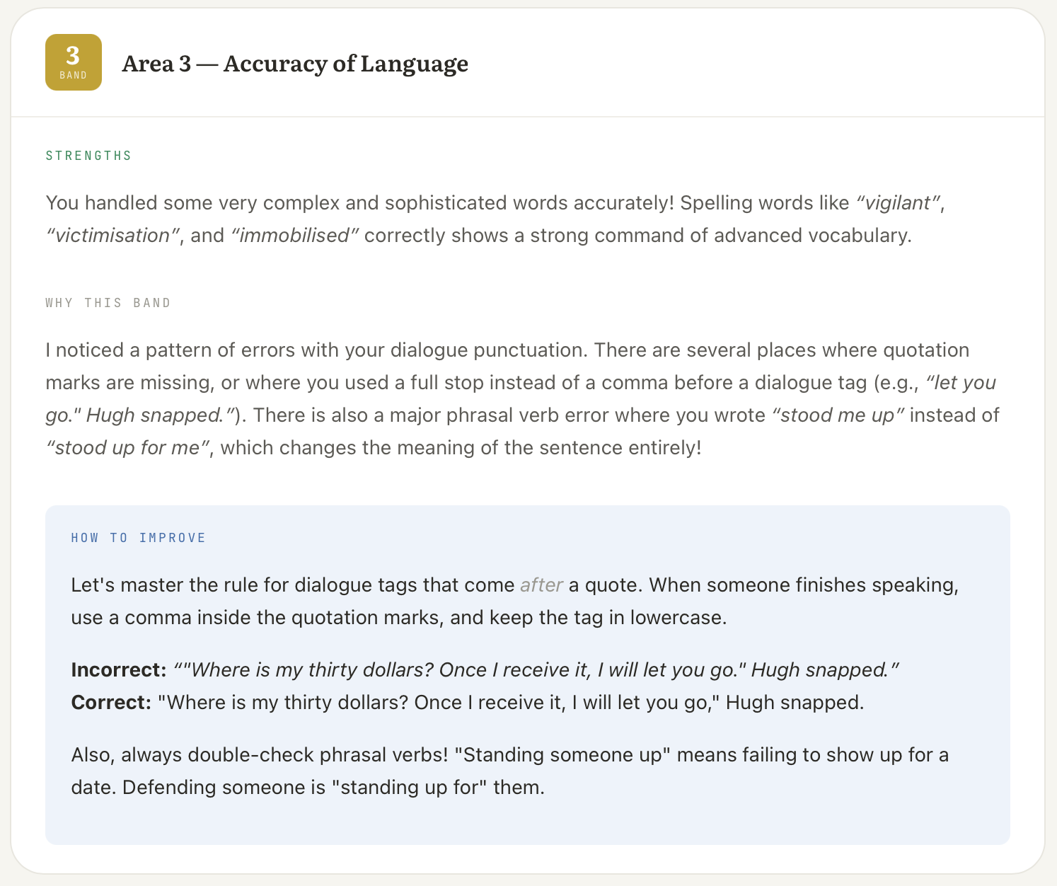 CompoCoach Area 3 (Accuracy of Language) feedback card, Band 3: notes on dialogue punctuation and phrasal-verb errors, with a How-to-improve block giving correct examples.