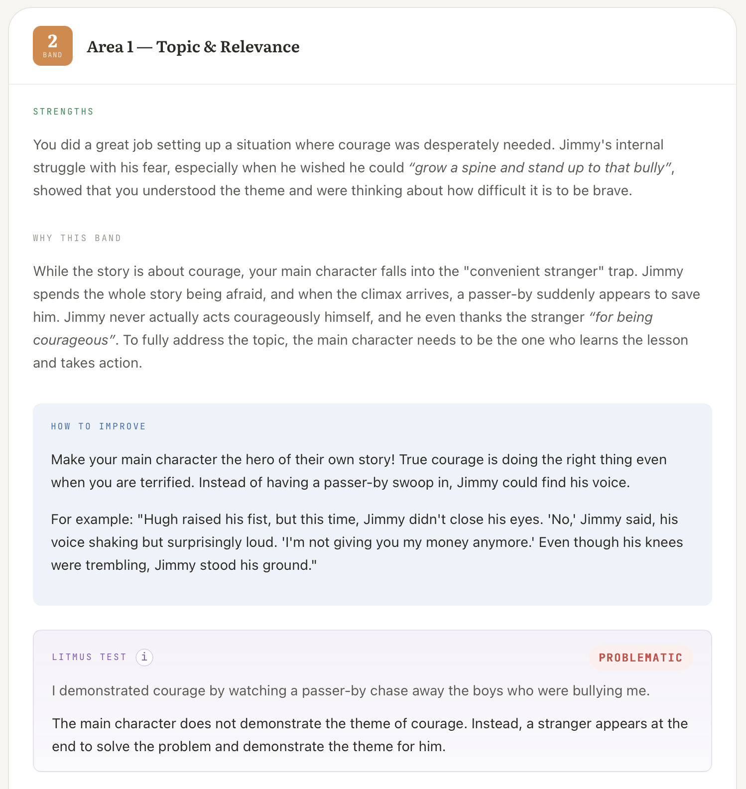 CompoCoach Area 1 (Topic and Relevance) feedback card, Band 2: strengths, why this band, how to improve with a rewritten example paragraph, and a Problematic litmus-test verdict.