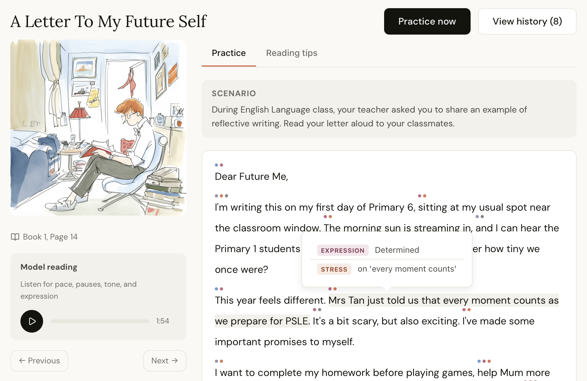 Reading Aloud exercise page for A Letter To My Future Self with a scenario prompt, model reading player, practice text, and inline reading tips for expression and stress.