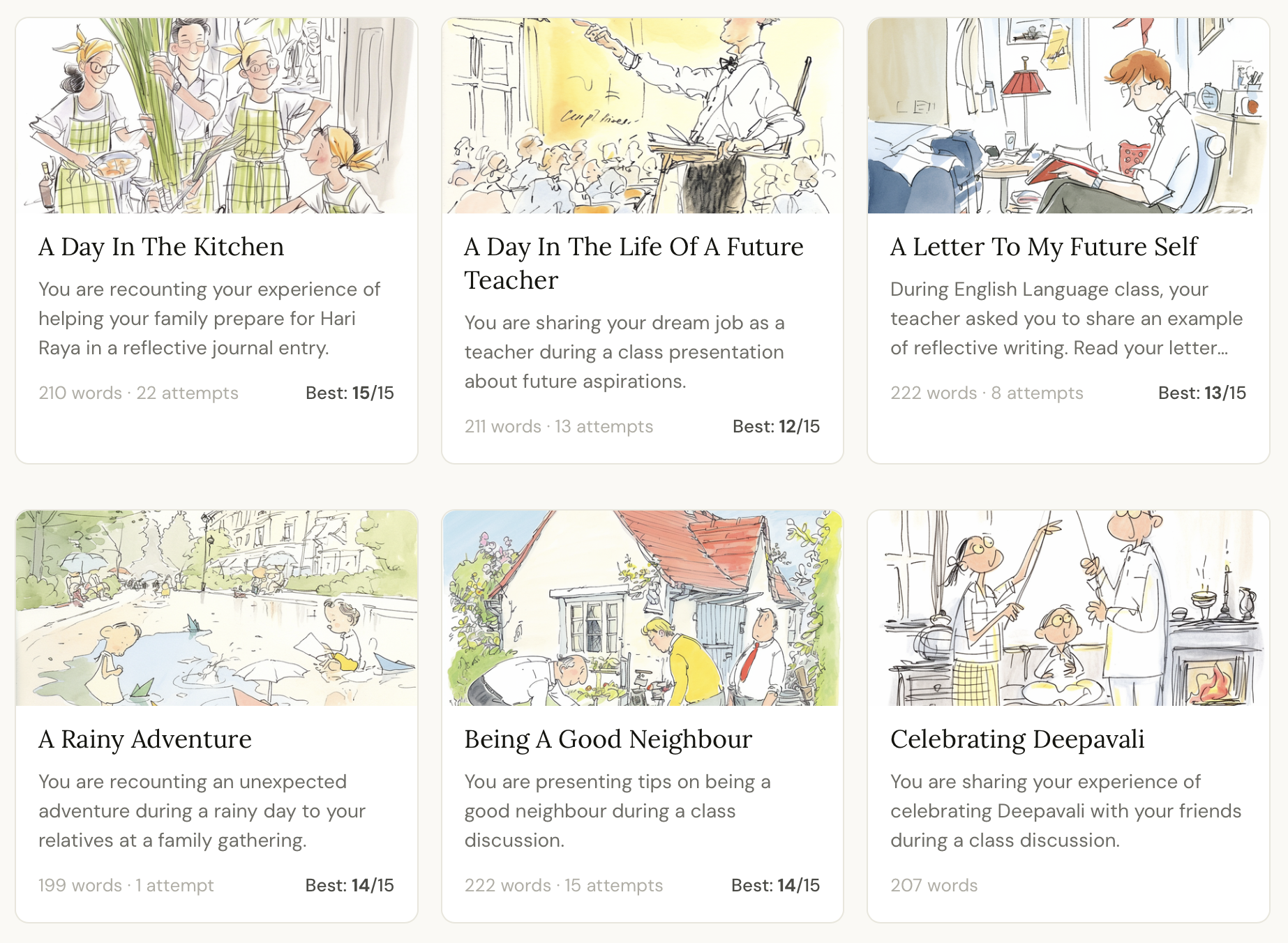 Reading Aloud exercise library showing illustrated passage cards such as A Day In The Kitchen, A Day In The Life Of A Future Teacher, A Letter To My Future Self, A Rainy Adventure, Being A Good Neighbour, and Celebrating Deepavali, with word counts, attempts, and best scores.