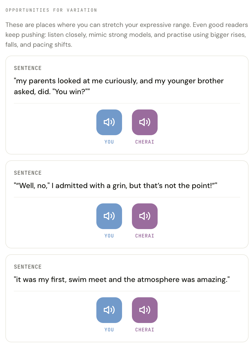 Reading Aloud expressiveness Opportunities for variation panel: three sentence cards, each with side-by-side audio buttons comparing the student's reading and the SpeakSmart model reading.
