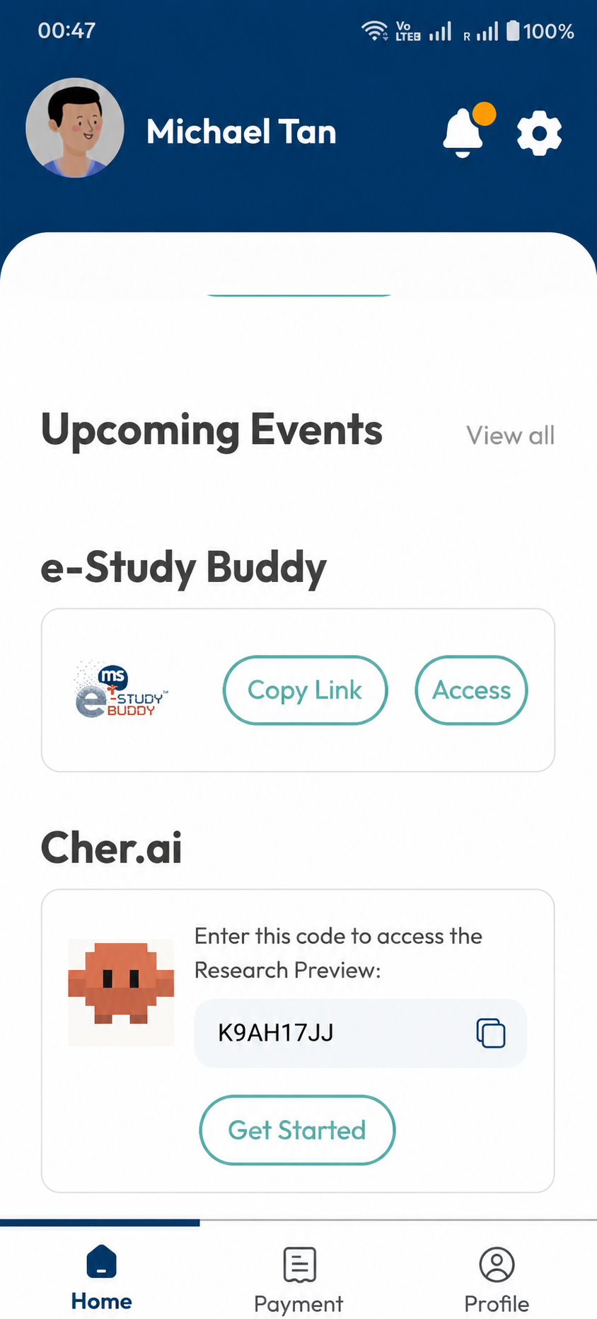 Mind Stretcher app Home tab showing the Cher.ai access code card