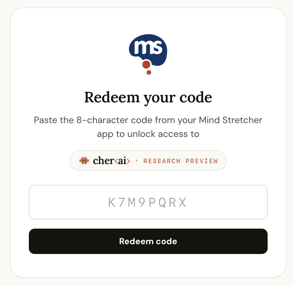 Cher.ai redeem form with a code input field and a Redeem code button