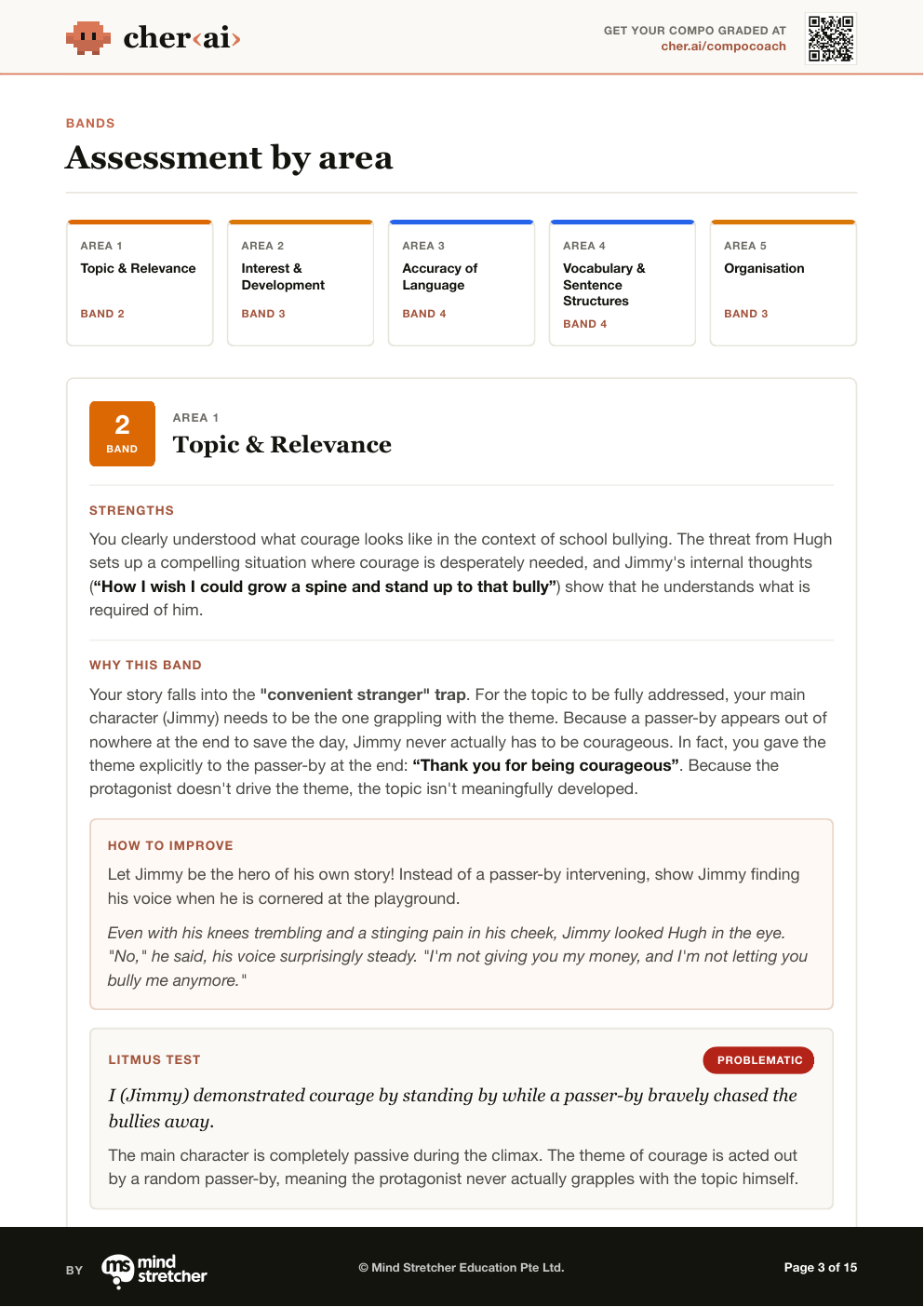 Sample CompoCoach PDF page showing assessment by area and improvement feedback