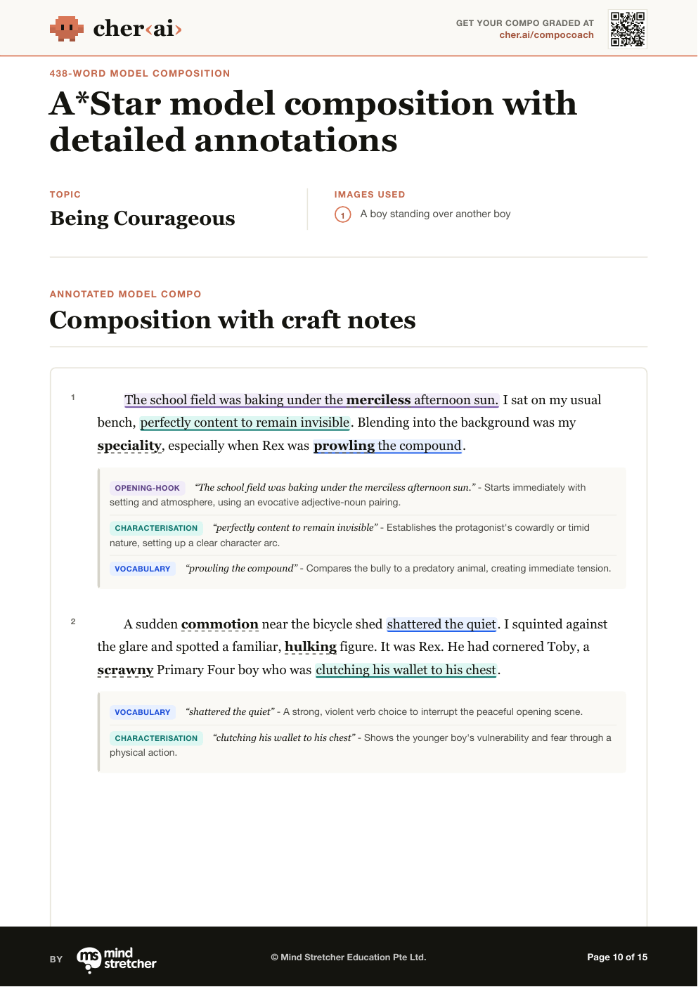 Sample CompoCoach PDF page showing the first page of an annotated model composition
